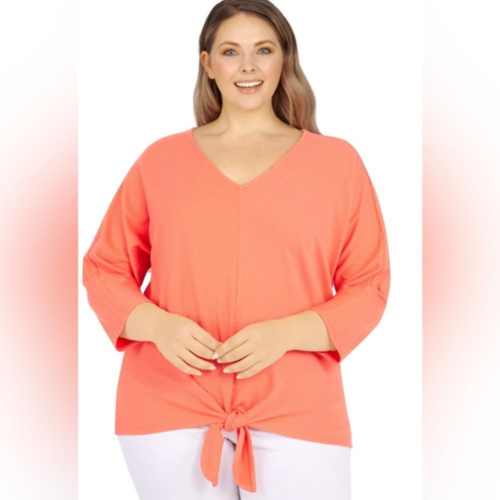 Ruby Rd. Woman’s V-Neck Blouse 1x Tie Front Coral Textured top